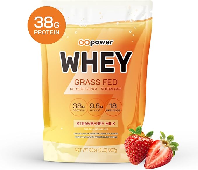GOPOWER Whey Protein Powder, with BCAAs, Grass Fed Protein Powder, 2 Pound, 18 Servings