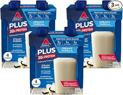 Atkins Creamy Vanilla PLUS Protein Shake, 30g Protein, 7g Fiber, 1g Net Carb, 1g Sugar, Keto Friendly, Low Carb, High Protein Drink, 12 Count