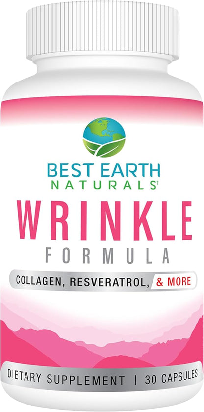 Best Earth Naturals Wrinkle Formula with Hyaluronic Acid, Niacinamide, Multi Vitamin, Collagen for Women or Men - Skin Vitamins Supplement -30 Day Supply (30 Capsules)
