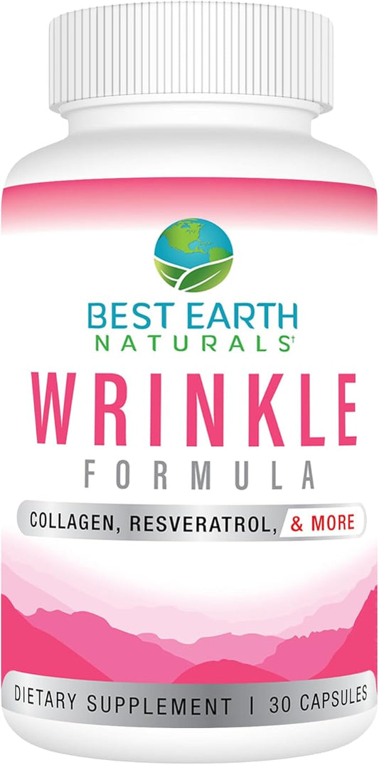 Best Earth Naturals Wrinkle Formula with Hyaluronic Acid, Niacinamide, Multi Vitamin, Collagen for Women or Men - Skin Vitamins Supplement -30 Day Supply (30 Capsules)
