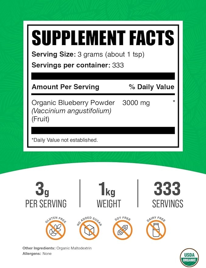 BulkSupplements.com Organic Blueberry Powder - Blueberry Supplement, Wild Blueberry Powder - Antioxidant Support, Gluten Free, 3g per Serving, 1kg (2.2 lbs) (Pack of 1)