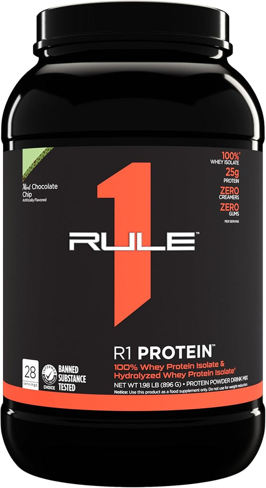 Rule One Proteins R1 Protein - 25g Fast-Acting, Super-Pure 100% Isolate and Hydrolysate Protein Powder with 6g BCAAs (2 Pounds*, Mint Chocolate Chip)