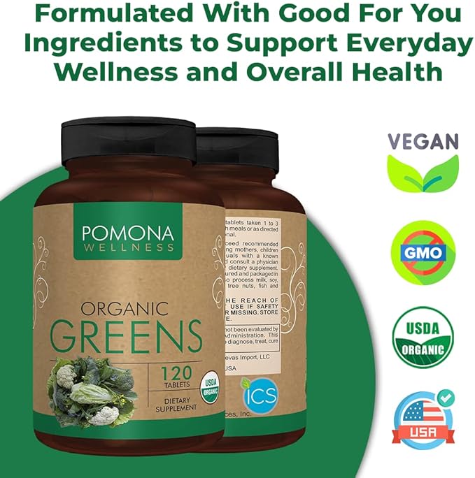 Pomona Wellness Super Greens Supplement, Full Of Superfood Vitamins & Minerals, Fruits & Vegetable, Greens Powder for Bloating and Digestion, Gut Health, USDA Organic, Non-GMO, 120 Tablets