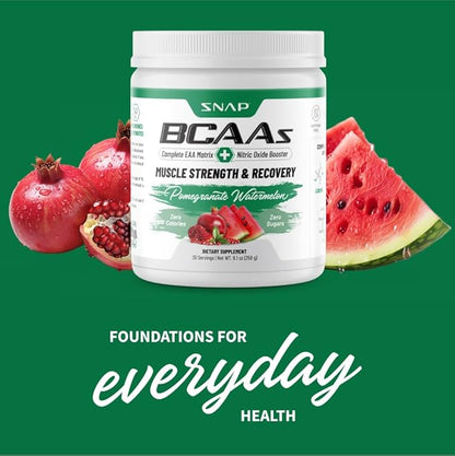 Snap BCAA Powder Essential Amino Energy Supplement with Nitric Oxide Booster - Watermelon Flavor - Pre Workout Powder, Recovery Supplements Post Workout, Muscle Strength & Performance (30 Servings)