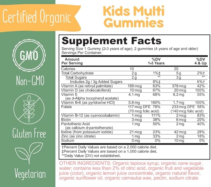 J's Homemade Organic Kids Multi Vitamin Gummies | USDA Organic | Vegetarian | Gluten Free | Multivitamin