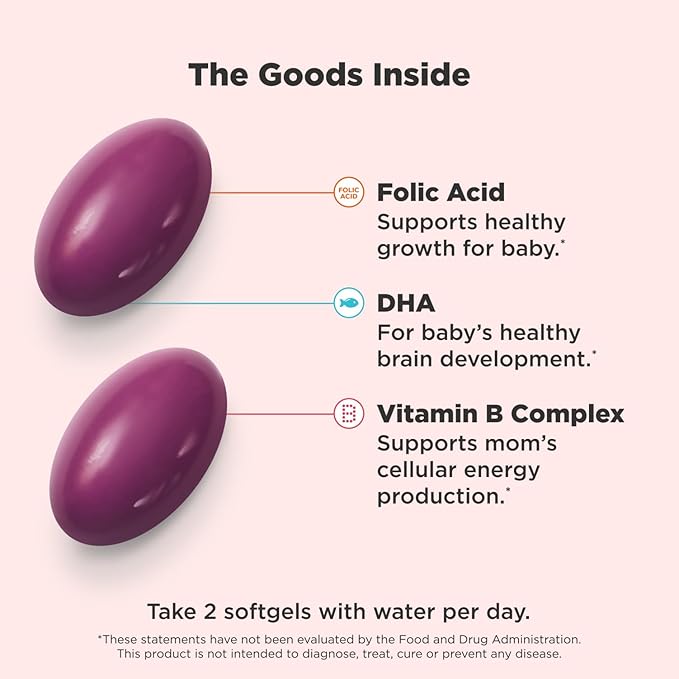 OLLY Ultra Strength Prenatal Multivitamin Softgels, Supports Healthy Growth, Brain Development, Iron, Folic Acid, DHA, Vitamins C, E, 30 Day Supply-60 Count (Packaging May Vary)