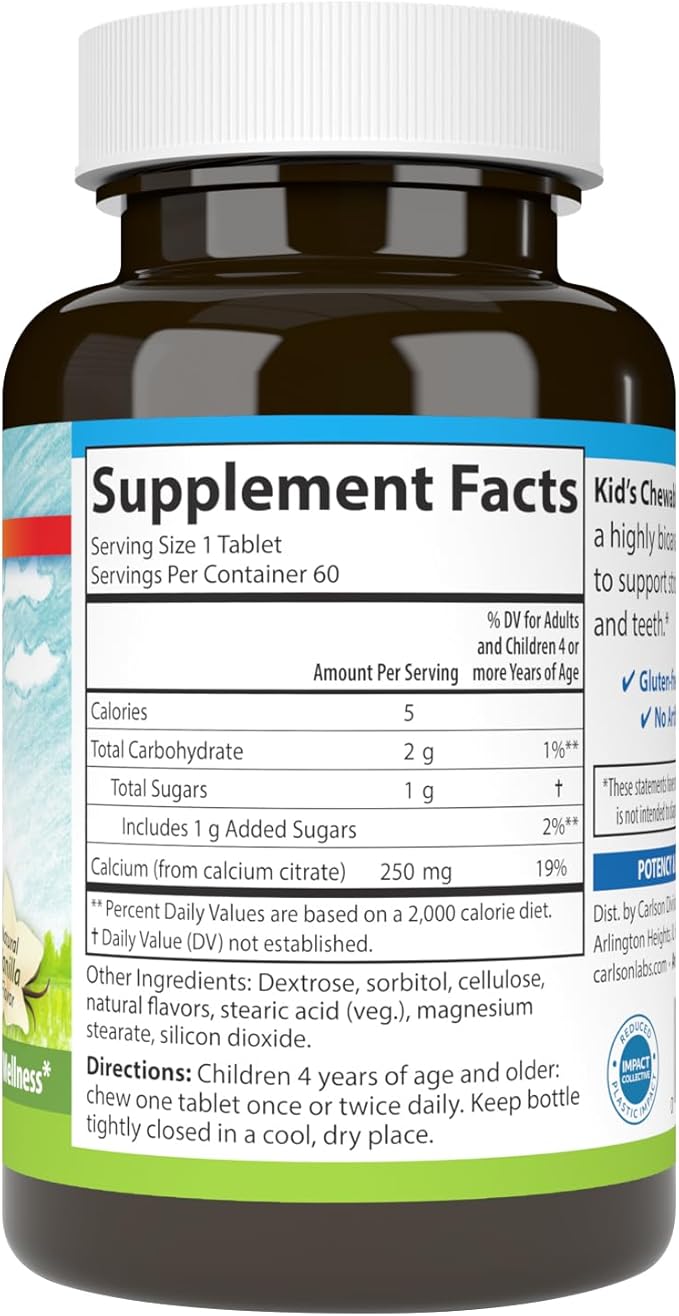 Carlson - Kid's Chewable Calcium, 250 mg, Highly Absorbable, Bone & Teeth Support, Optimal Wellness, Natural Vanilla Flavor, 60 Tablets
