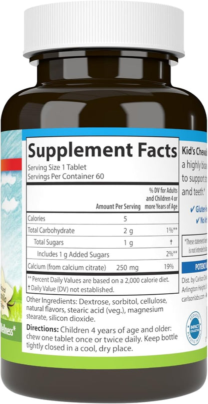 Carlson - Kid's Chewable Calcium, 250 mg, Highly Absorbable, Bone & Teeth Support, Optimal Wellness, Natural Vanilla Flavor, 60 Tablets