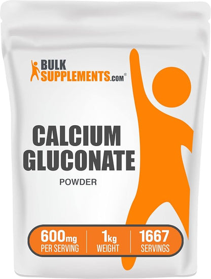 BulkSupplements.com Calcium Gluconate Powder - Calcium Powder Supplement, Calcium Gluconate Supplement - Gluten Free, 600mg (55mg Calcium) per Serving, 1kg (2.2 lbs) (Pack of 1)