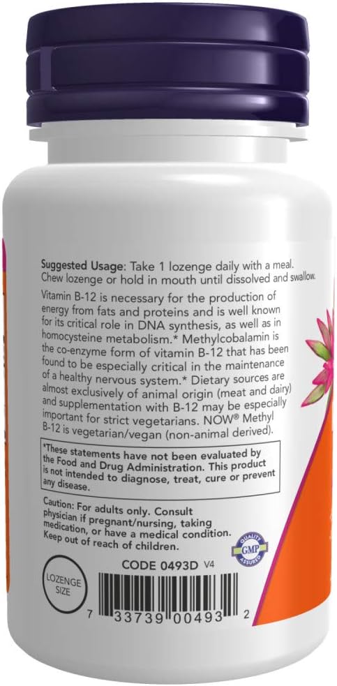 NOW Foods Supplements, Methyl B-12 (Methylcobalamin) 5,000 mcg, Nervous System Health*, 120 Lozenges