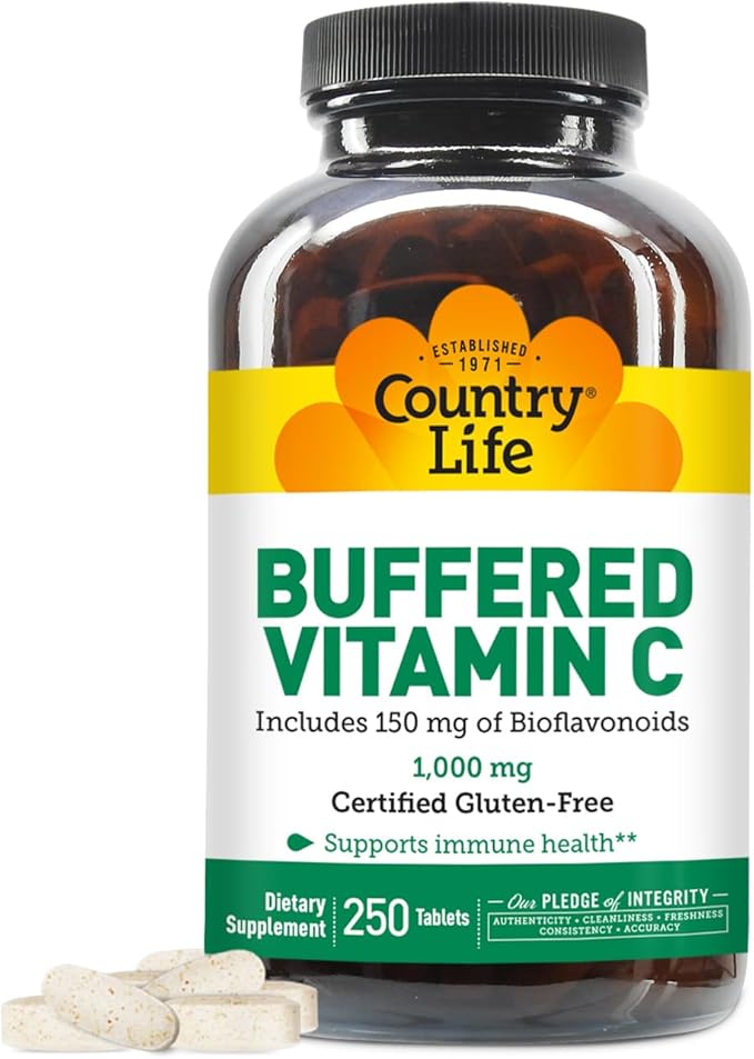 Country Life Buffered Vitamin C 1000mg with Bioflavonoids, Calcium, Magnesium, Potassium - Immune Support, Vegan Capsules, Gluten-Free, Gentle on Stomach - 250 Tablets