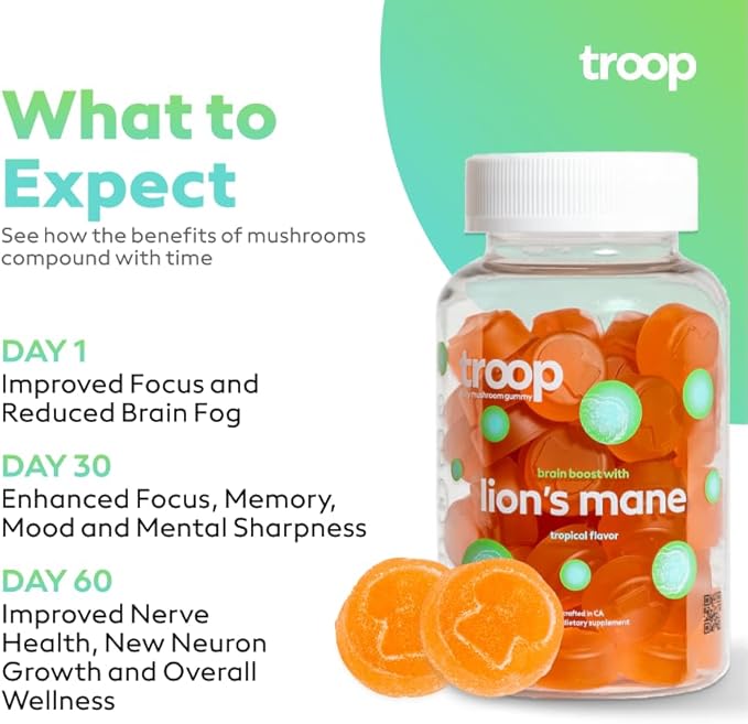 Troop Mushroom Lion's Mane Gummies, Supplement for Focus & Mood, Cognitive, Immune & Memory Support - Brain Boost, Natural Peach Mango Flavored Nootropic with Fruit Body Gummy - Vegan, 60 Count