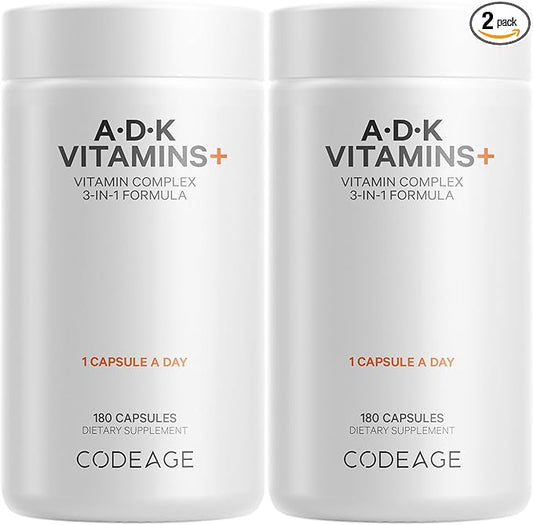 Codeage ADK Vitamins Supplement - Essential Vitamin A, Vitamin D3 5000 IU, Vitamin K1 & K2 (MK4 & MK7) - 6-Month Supply - A D K Vitamins, 1 Capsule per Serving, Non-GMO, Gluten-Free - 2-Pack