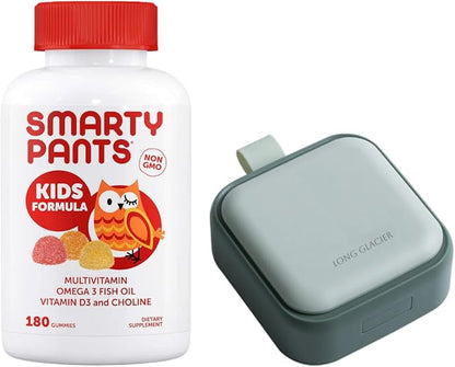 SmartyPants Kids Complete Multivitamin, 180 Gummies Bundle with Long Glacier Pill Oragnizer, Small Cute Pill Container for Medicine, Vitamins, Fish Oils, Supplement, Green