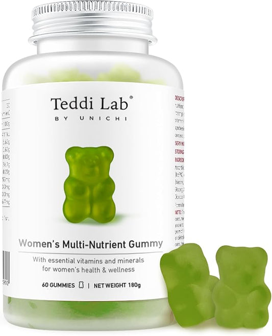Unichi Women’s Multi-Nutrient Gummy, 18 Essential Vitamins & Minerals Specially Designed for Women, Non-GMO, Lime Flavour, 60 Count