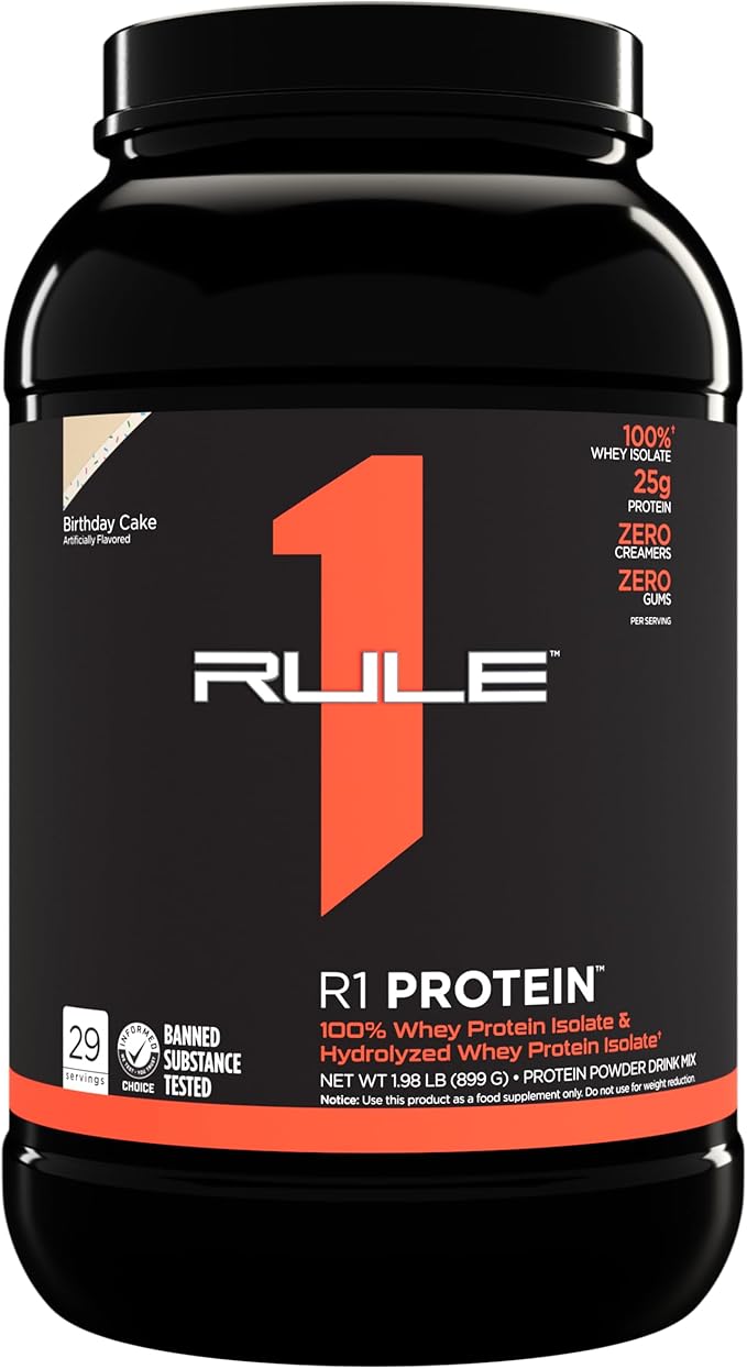Rule One Proteins R1 Protein - 25g Fast-Acting, Super-Pure 100% Isolate and Hydrolysate Protein Powder with 6g BCAAs (2 Pounds*, Birthday Cake)
