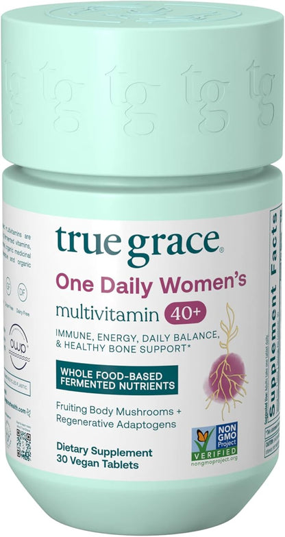 True Grace One Daily Women’s Multivitamin 40+ Fermented Minerals, Organic Adaptogens & Mushrooms Energy, Immune, Bone, Heart Support - Iron Free, Non-GMO, Gluten Free, Soy Free - 30 Vegan Tablets