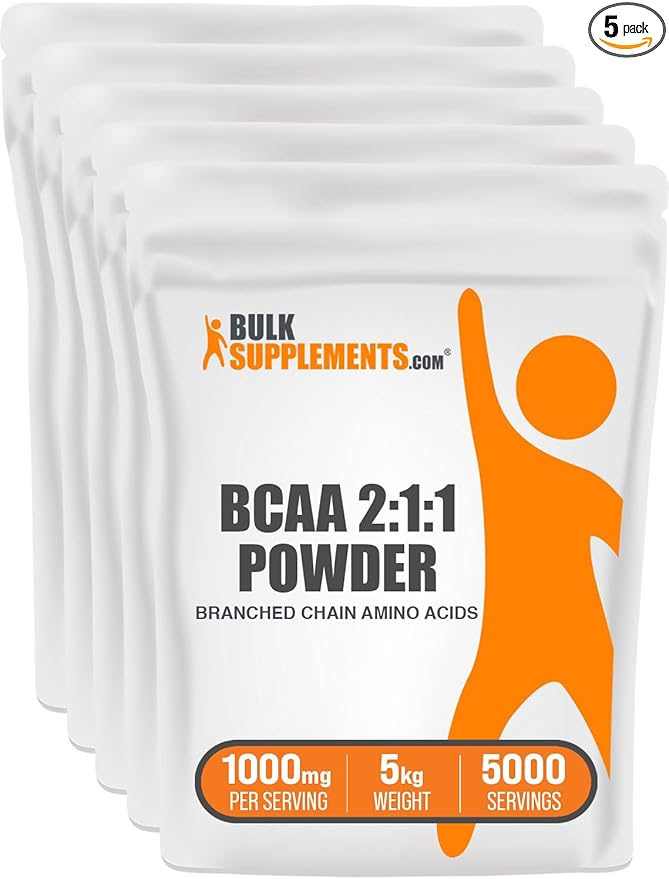 BulkSupplements.com BCAA 2:1:1 Powder - Branched Chain Amino Acids, BCAA Supplement, BCAAs Amino Acids Powder - Unflavored & Gluten Free, 1000mg per Serving, 5kg (11 lbs) (Pack of 5)