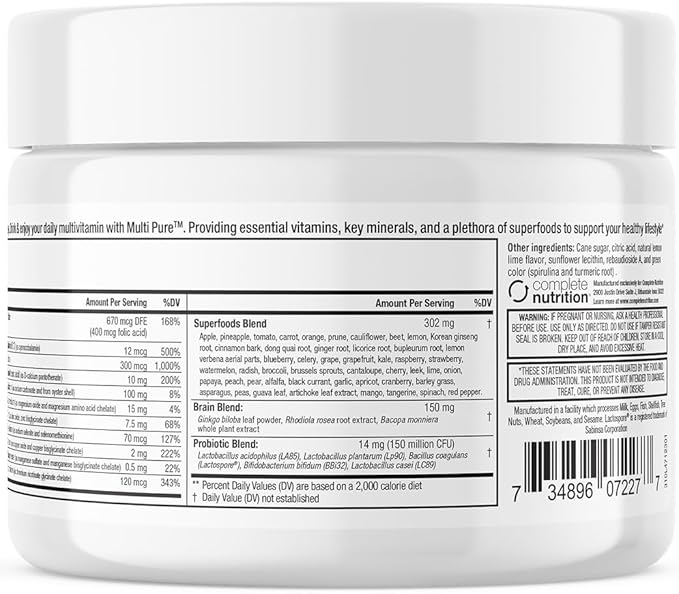 Reclaim Multi Pure Lemon Lime, Immune Support, Vitamin C, Vitamin B Complex, Probiotic, Superfood Powder, Calcium, Magnesium Oxide, (30 Servings) (Lemon Lime)