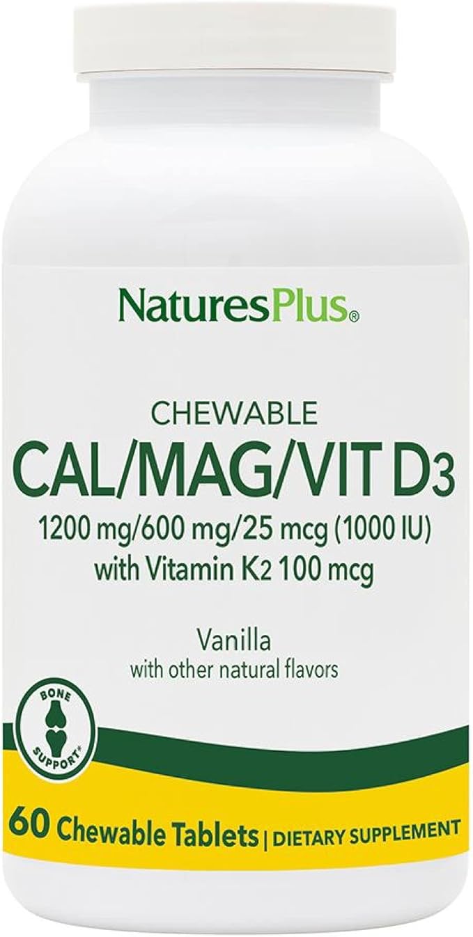 Natures Plus Chewable Cal/Mag/VIT D3 with Vitamin K2-60 Chewable Tablets - Vanilla Flavor - Bone Health Supplement with Calcium, Magnesium, Vitamin D3 and K2 - Gluten-Free - 30 Servings
