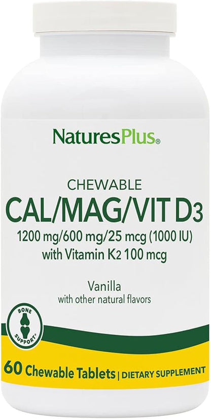Natures Plus Chewable Cal/Mag/VIT D3 with Vitamin K2-60 Chewable Tablets - Vanilla Flavor - Bone Health Supplement with Calcium, Magnesium, Vitamin D3 and K2 - Gluten-Free - 30 Servings