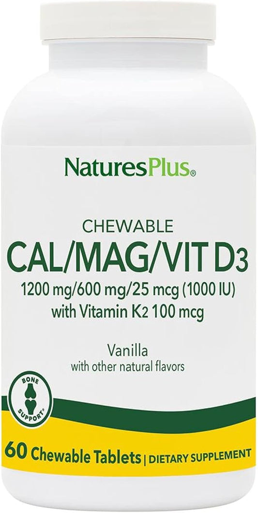 Natures Plus Chewable Cal/Mag/VIT D3 with Vitamin K2-60 Chewable Tablets - Vanilla Flavor - Bone Health Supplement with Calcium, Magnesium, Vitamin D3 and K2 - Gluten-Free - 30 Servings