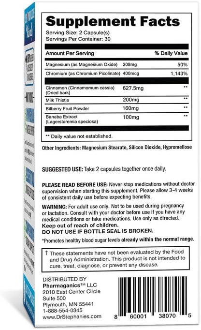 Blood Sugar 24 Hour - 7 in 1 Formula with Cinnamon, Banaba, Chromium, Milk Thistle, & More - Once Daily Supplement by Dr. Stephanie's