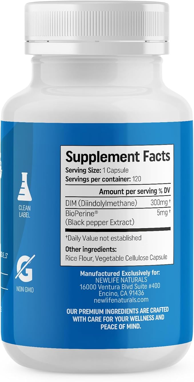 NewLife Naturals DIM Supplement 300mg, Women & Men - Hormonal Acne Pills, Menopause Relief | Healthy Estrogen Level | Hormonal Balance - 120Day Supply