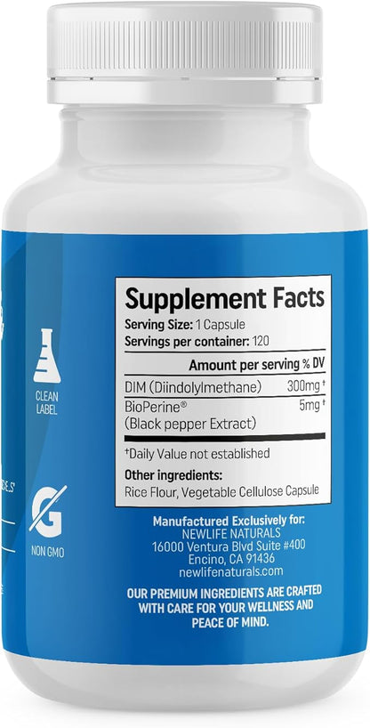 NewLife Naturals DIM Supplement 300mg, Women & Men - Hormonal Acne Pills, Menopause Relief | Healthy Estrogen Level | Hormonal Balance - 120Day Supply