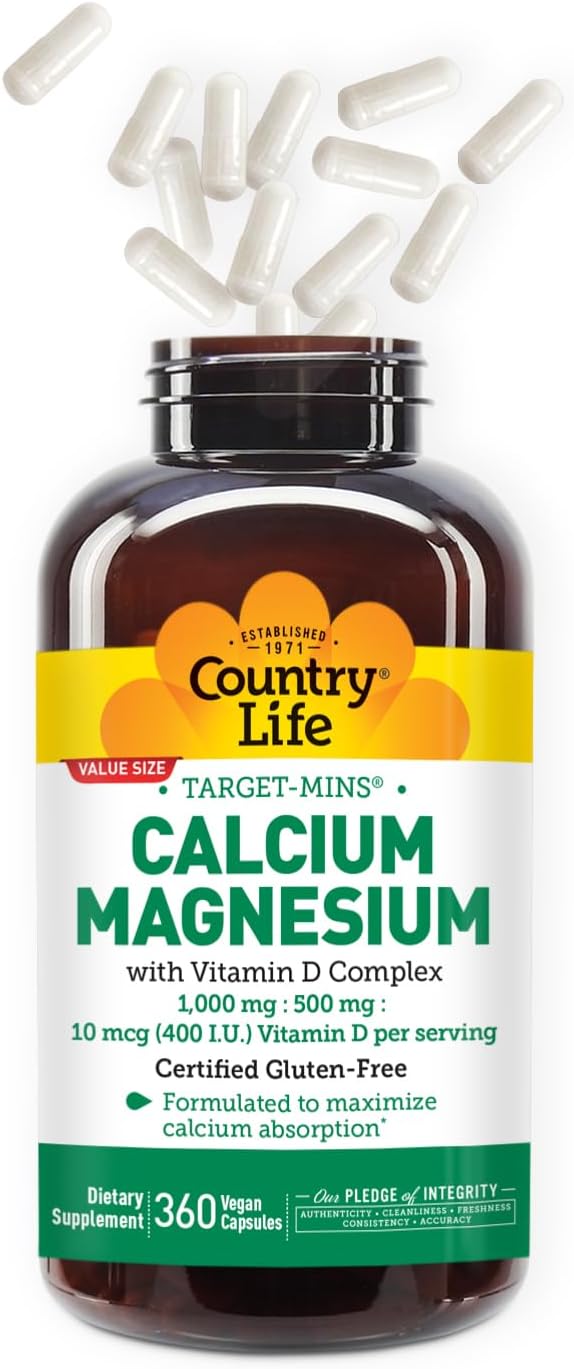Country Life Target-Mins Calcium Magnesium with Vitamin D-Complex, 1000mg/500mg/10mcg, 360 Vegan Capsules, Certified Gluten Free, Certified Vegan, Verified Non-GMO Verified…