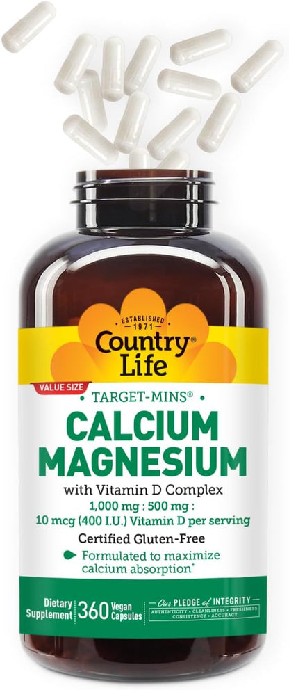 Country Life Target-Mins Calcium Magnesium with Vitamin D-Complex, 1000mg/500mg/10mcg, 360 Vegan Capsules, Certified Gluten Free, Certified Vegan, Verified Non-GMO Verified…