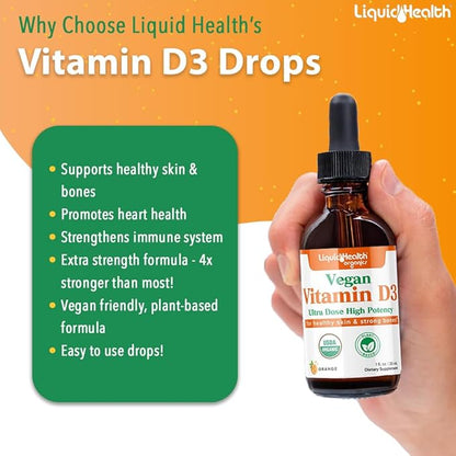 LIQUIDHEALTH Liquid Vitamin D3 5000 IU, Organic Vitamin D Liquid Drops, Adults & Kids, Vegan Liquid Vitamin D for Immune Support, Bone Health, Mood Support - (3pack)