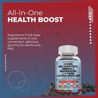 L-Lysine Coq10 Alpha Lipoic Acid Gummies Red Yeast Rice Magnesium Gummy for Adults and Kids - Amino Acid Supplements Omega 3 Niacin Zinc Vitamin K2 D3 B3 - Vitamins for Women and Men - 60 Gummy Bears