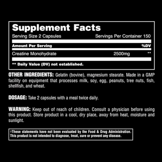 Animal Micronized Creatine Monohydrate Capsules - 300 Caps, 2500mg per Serving to Support Muscle Growth, Endurance, ATP Production, Cognitive Function, Strength, Recovery, and Delay Muscle Fatigue