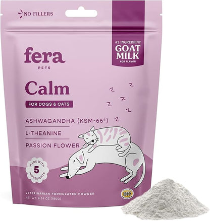 Fera Pet Organics Calming Goat Milk Cat & Dog – Vet Created - Pet Anxiety, Stress & Hyperactivity - Ashwagandha Supplement with GABA-60 Servings