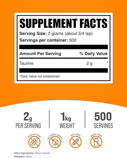 BulkSupplements.com Taurine Powder - Taurine Supplement, Taurine 2000mg - Amino Acids Supplement for Energy - Unflavored & Gluten Free, 2g per Serving, 1kg (2.2 lbs) (Pack of 1)