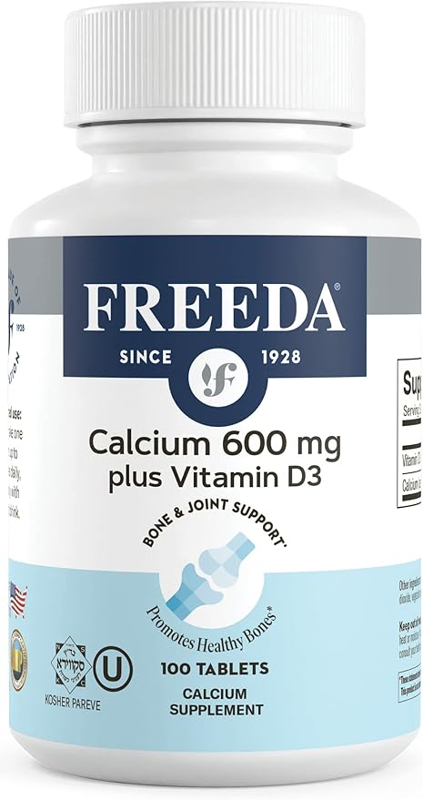 Freeda Calcium 600 mg Vitamin D3 400 IU Tablets - Bone Support Calcium Supplement plus Vitamin D for Absorption - Kosher, Gluten Free Easy To Swallow Coated Calcium D3 Tablets for Women & Men (100 Ct)