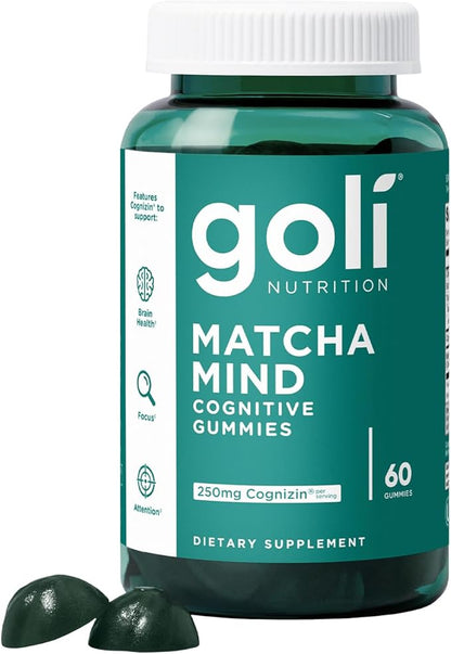 Goli Matcha Mind Gummies - 60 Count - Green Tea Leaves Powder with Cognizin for Focus, Attention and Brain Health, Vegan, Non-GMO, Gluten-Free & Gelatin Free.