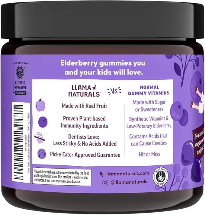 Llama Naturals Real Fruit Sambucus Elderberry Gummies for Kids | No Added Sugar Cane, Vegan, Organic Toddler Immune Support | Zinc & Natural Vitamin C | Children Immunity Boost | 60 ct (30 Days)