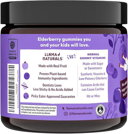 Llama Naturals Real Fruit Sambucus Elderberry Gummies for Kids | No Added Sugar Cane, Vegan, Organic Toddler Immune Support | Zinc & Natural Vitamin C | Children Immunity Boost | 60 ct (30 Days)