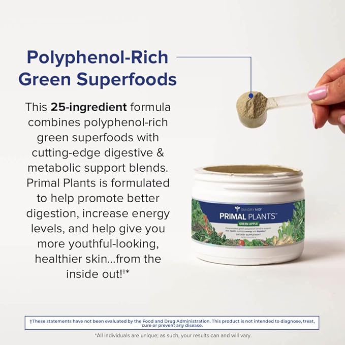 Gundry MD® Primal Plants MTHF Greens Powder Superfood Supplement to Support Skin Health, Optimize Energy and Digestion, 1 Full Serving of Vegetables - Green Apple Flavor (30 Servings) (New Formula)