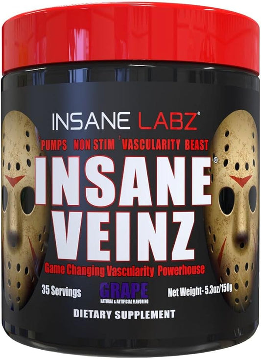 Insane Labz Insane Veinz Non Stimulant NO Enhancing Powder, Nitric Oxide Booster, Loaded with Agmatine Sulfate and Betaine Anhydrous, Increase Vascularity, 35 Srvgs, Grape