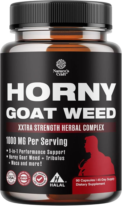 Horny Goat Weed for Male Enhancement - Extra Strength Horny Goat Weed for Men 1000mg per serving Complex with Tongkat Ali Saw Palmetto Extract Panax Ginseng and Black Maca Root for Stamina & Energy