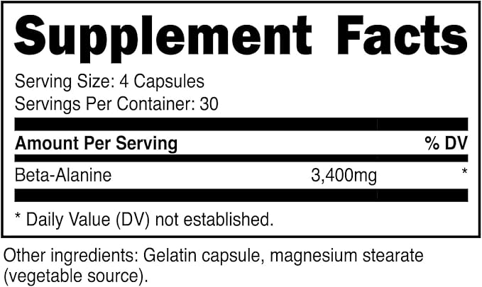 Primal Beta-Alanine Capsules 3400mg (30 Servings, 120 Capsules) - Supplement, Gluten-Free & Non-GMO, 850mg Per Cap