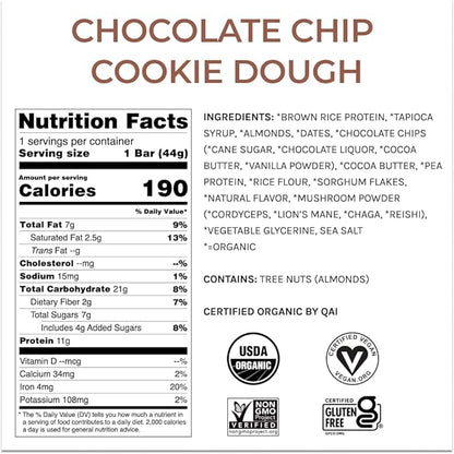 Organic Functional Mushroom Protein Bars | Full Dose (1500mg) Lions Mane, Chaga, Reishi & Cordyceps Bars | Vegan Protein Bars, Adaptogens, Superfoods Protein Bars | Chocolate Chip Cookie Dough Flavor