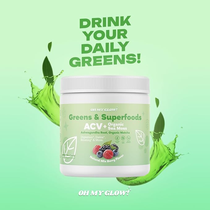 Super Greens Powder - ACV, Organic Sea Moss, Ashwagandha Root, Organic Matcha - Digestion*, Detox*, Bloating*, & More, Berry