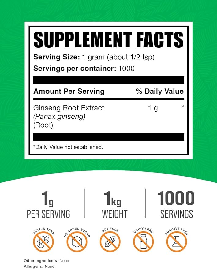 BulkSupplements.com Ginseng Root Extract Powder - Ginseng Supplement, Ginseng Herbal Supplements, Panax Ginseng - Vegan & Gluten Free, 1000mg per Serving, 1kg (2.2 lbs) (Pack of 1)