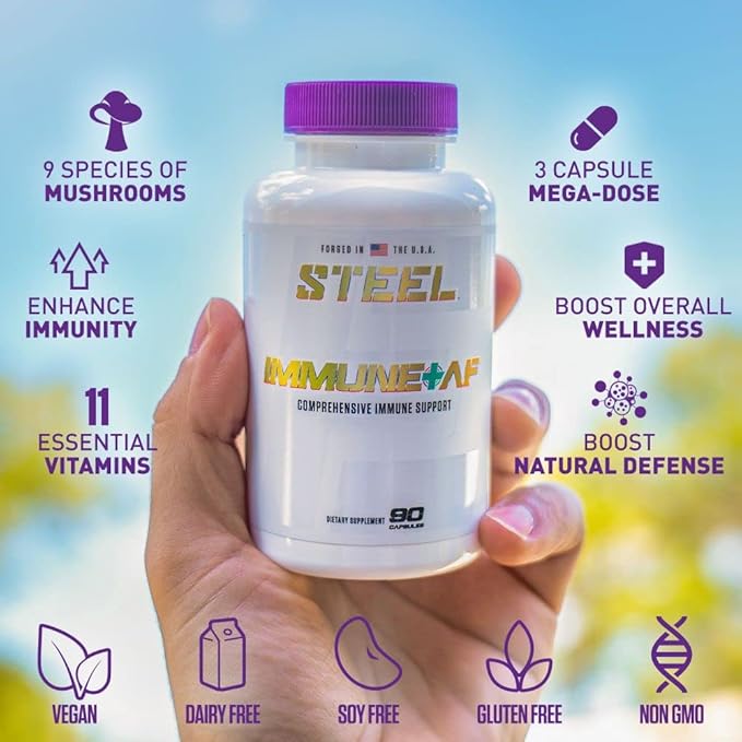 Steel Supplements Immune-AF | Mushroom and Essential Vitamin Blend w/Chaga, Cordyceps, Reishi, Zinc, Ginger, Black Elderberry | Immunity Support, Nootropic, Multivitamin