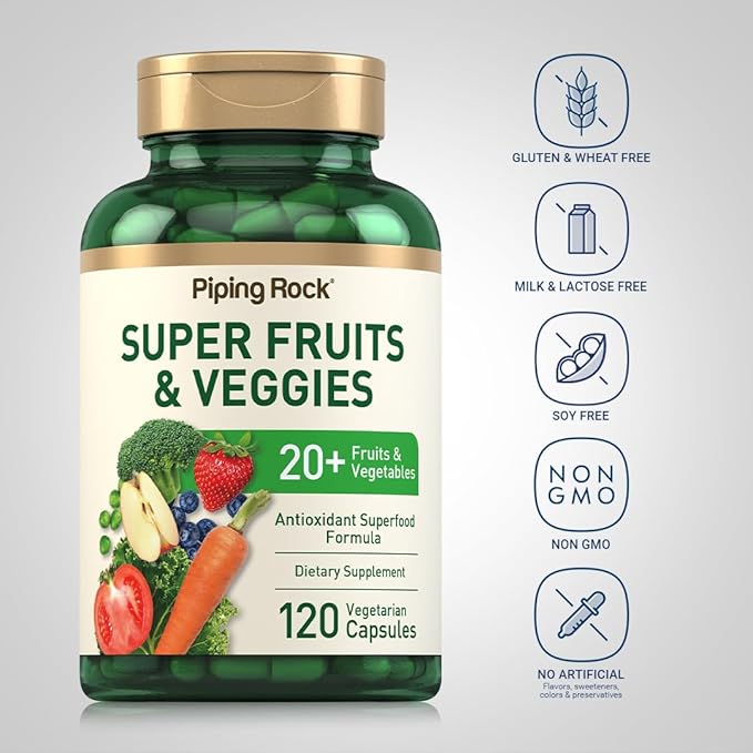 Piping Rock Fruits and Veggies Supplement | 120 Capsules | Plus 20 Fruit and Vegetables | Antioxidant Superfood Formula | Daily Multivitamin | Vegetarian, Non-GMO, Gluten Free