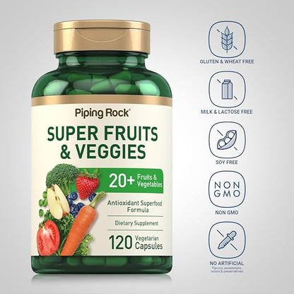 Piping Rock Fruits and Veggies Supplement | 120 Capsules | Plus 20 Fruit and Vegetables | Antioxidant Superfood Formula | Daily Multivitamin | Vegetarian, Non-GMO, Gluten Free